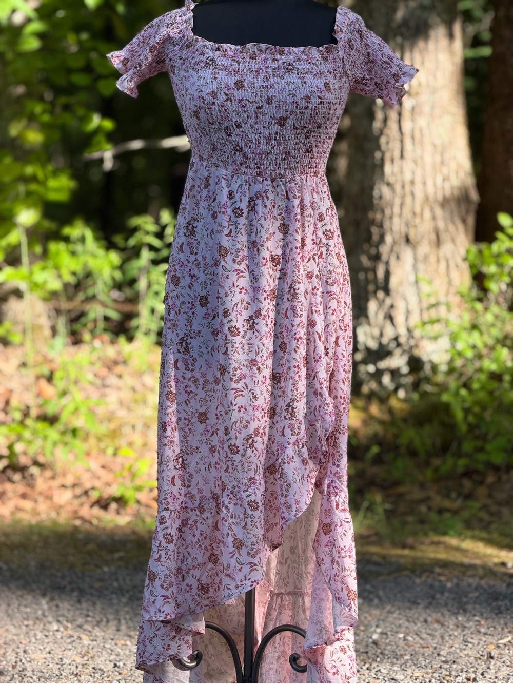 Francesca's Collections Pink Floral Smocked High-Low Midi Dress